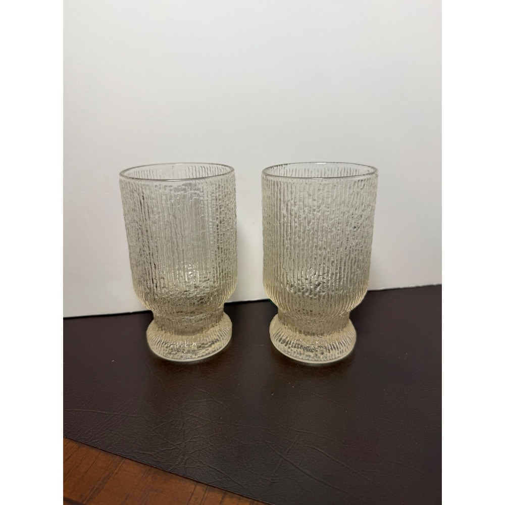 Vintage Textured Bark Glass Tumblers Set of 2 Clear Footed Mid Century Glasses